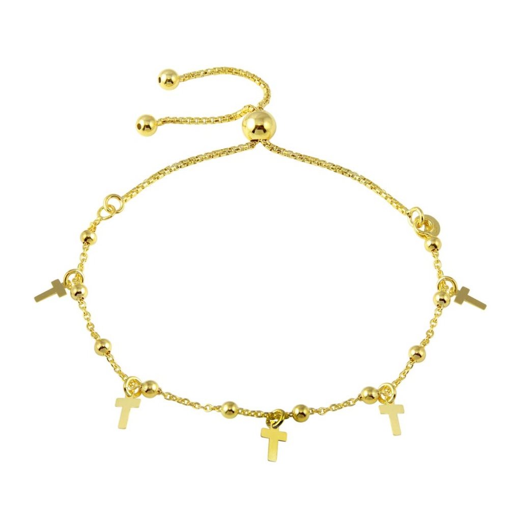 Sterling Silver 925 Gold Plated Box Chain Bead and Cross Lariat Bracelet